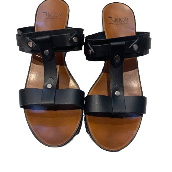 Victor Italian Made Black Leather Wedge Sandals - Picture 3 of 5